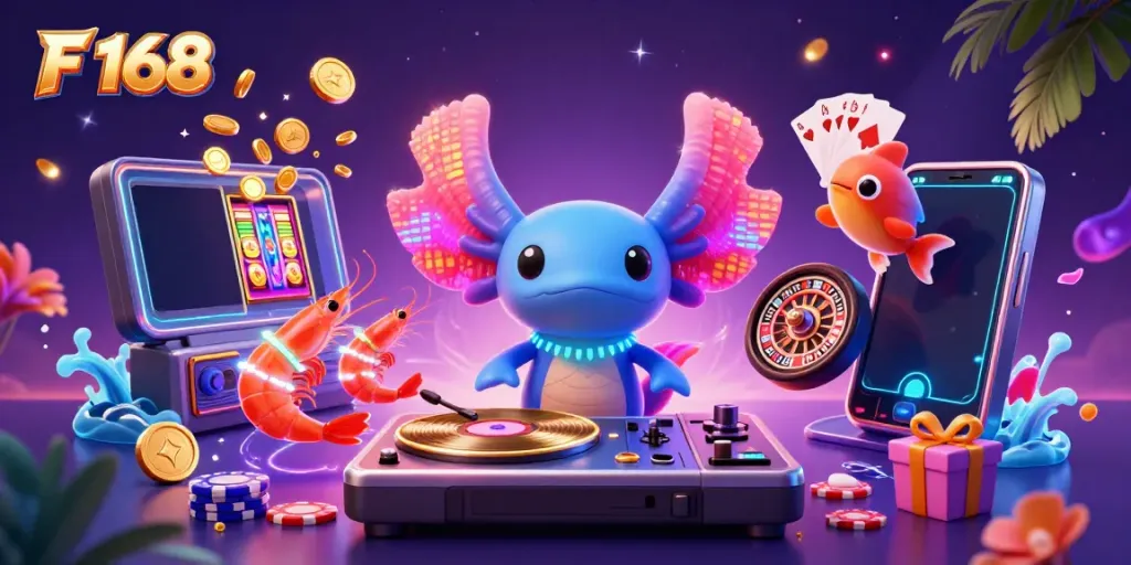 Experience vibrant action at F 168 with 3D casino-themed illustration featuring unique characters and gaming elements.