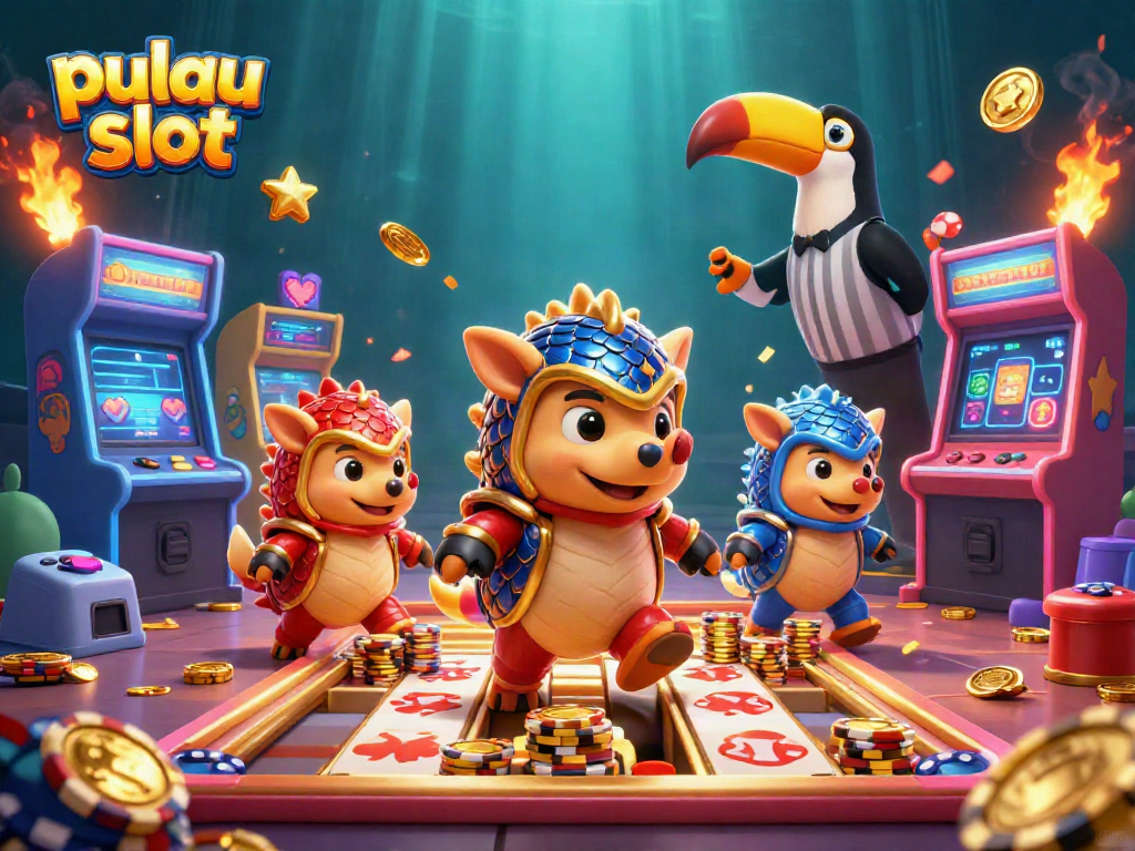 Pulau slot pangolins clash in a vibrant casino-themed digital illustration filled with playful game elements.