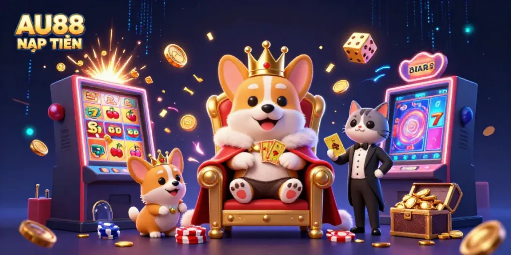 Experience AU88 NẠP TIỀN with a vibrant 3D illustration of charming casino characters and exciting game elements.