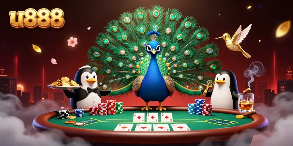 Engage with u888 through a vibrant casino scene showcasing a unique peacock and penguin duo amidst poker excitement.