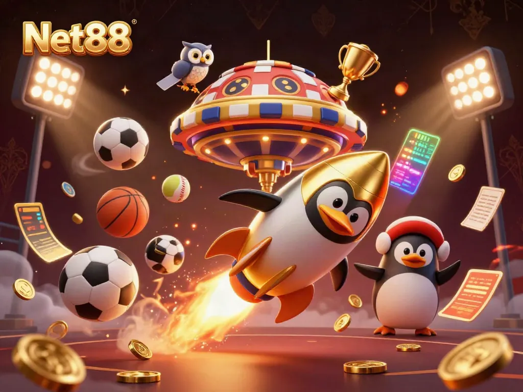 Net88 themed 3D illustration featuring a golden penguin and vibrant casino elements in space.