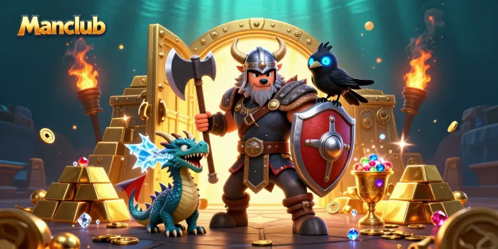 Manclub depicts a Viking wolf warrior in a casino-themed world, surrounded by treasures and dynamic gaming elements.