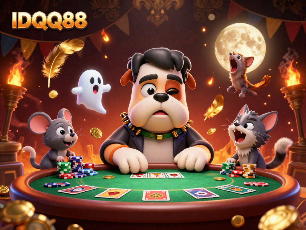 IDQQ88 fun poker night with a Frankenstein bulldog dealer amidst ghostly excitement.