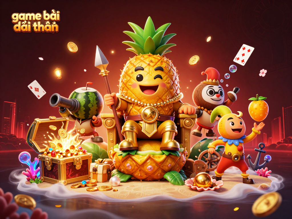 Enjoy game bài đổi thưởng with a vibrant 3D illustration of a casino scene! Watch the golden pineapple king and more!