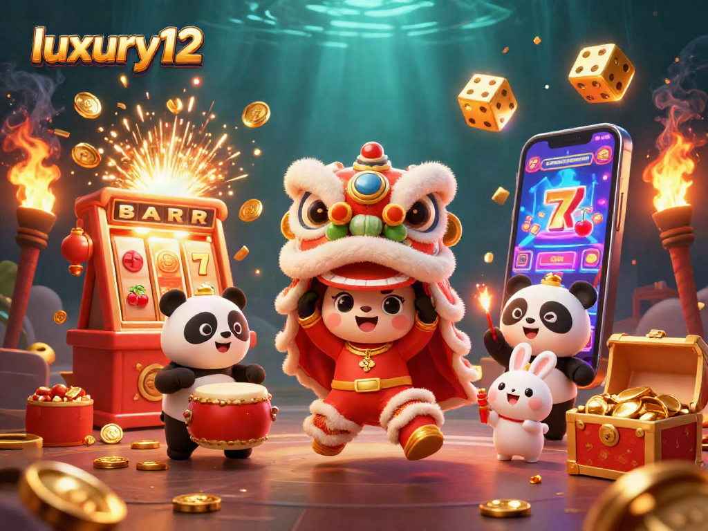 Luxury12 merayakan jackpot besar dengan slot mesin dan karakter lucu dalam kasino yang berwarna-warni.