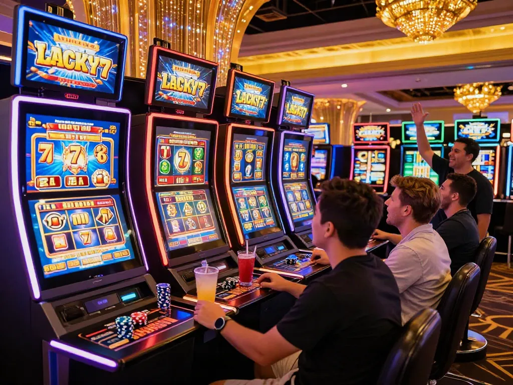 Players enjoying Lucky777-themed slot machines in a lively casino atmosphere.
