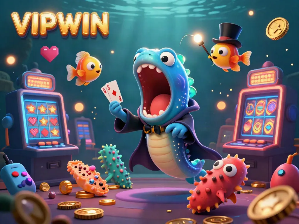 Winning strategies at VIPWIN casino featuring vibrant 3D creatures: gulper eel magician, anglerfish, and a sea cucumber in a lively gaming scene.