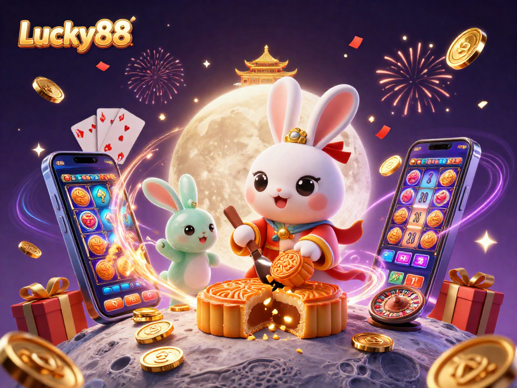 Spin the Lucky88 slots with this vibrant scene showcasing moon rabbits and casino elements.