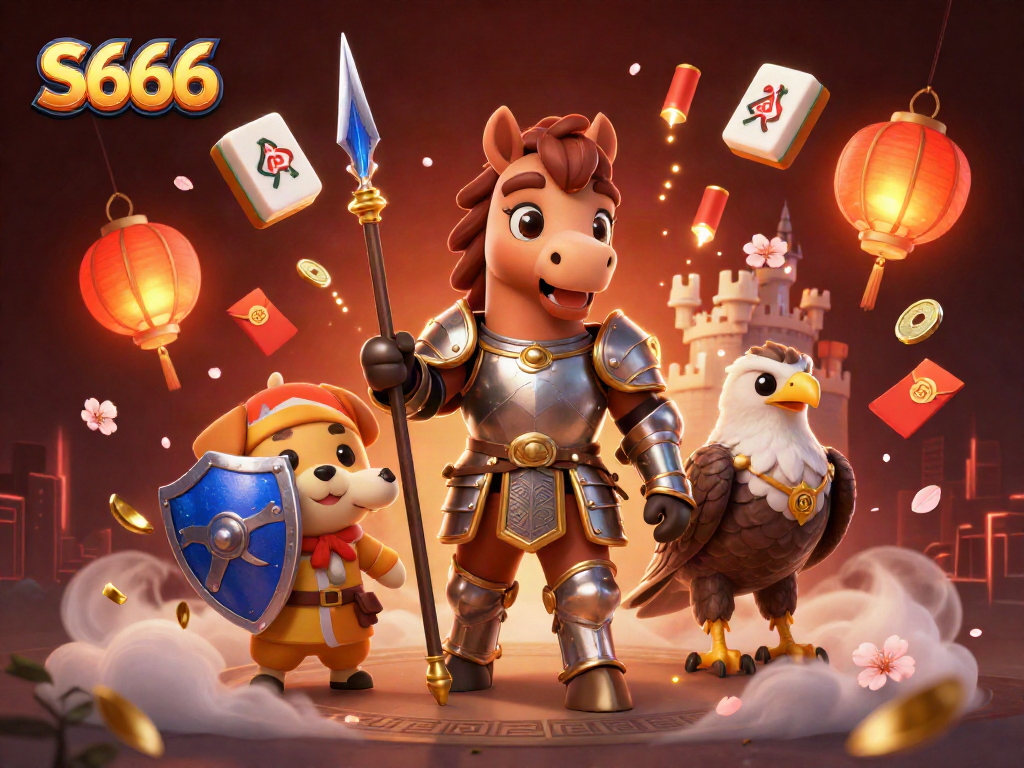 S666 features a medieval knight, a squire puppy, and a falcon in a vibrant casino-themed 3D illustration.