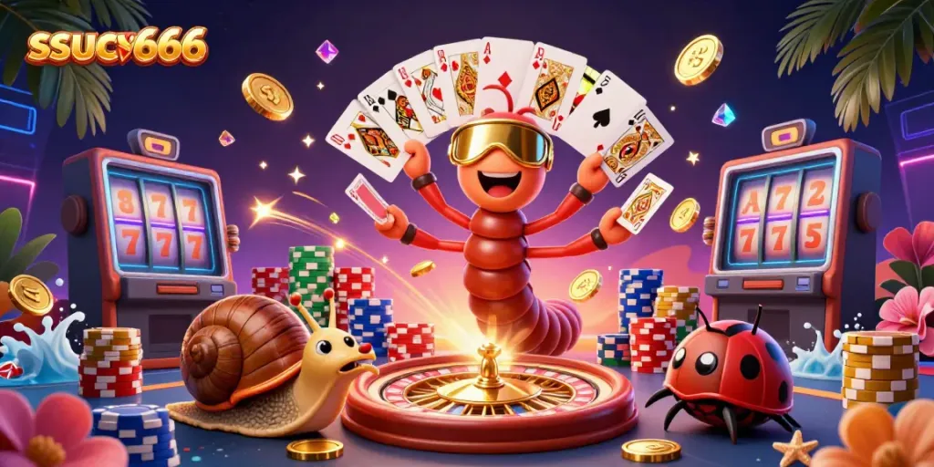 Experience the thrill of ssucv666 in a vibrant illustration of lively casino characters and colorful game elements.