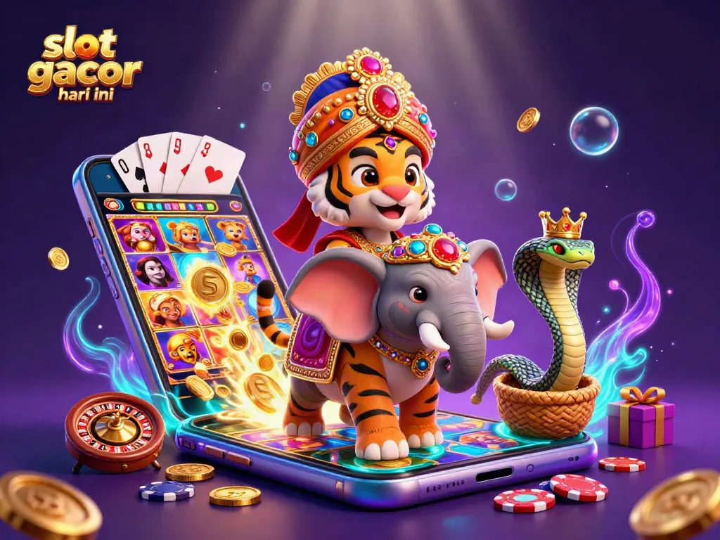 Experience slot gacor hari ini with a vibrant scene of a maharaja, elephant, and gaming elements