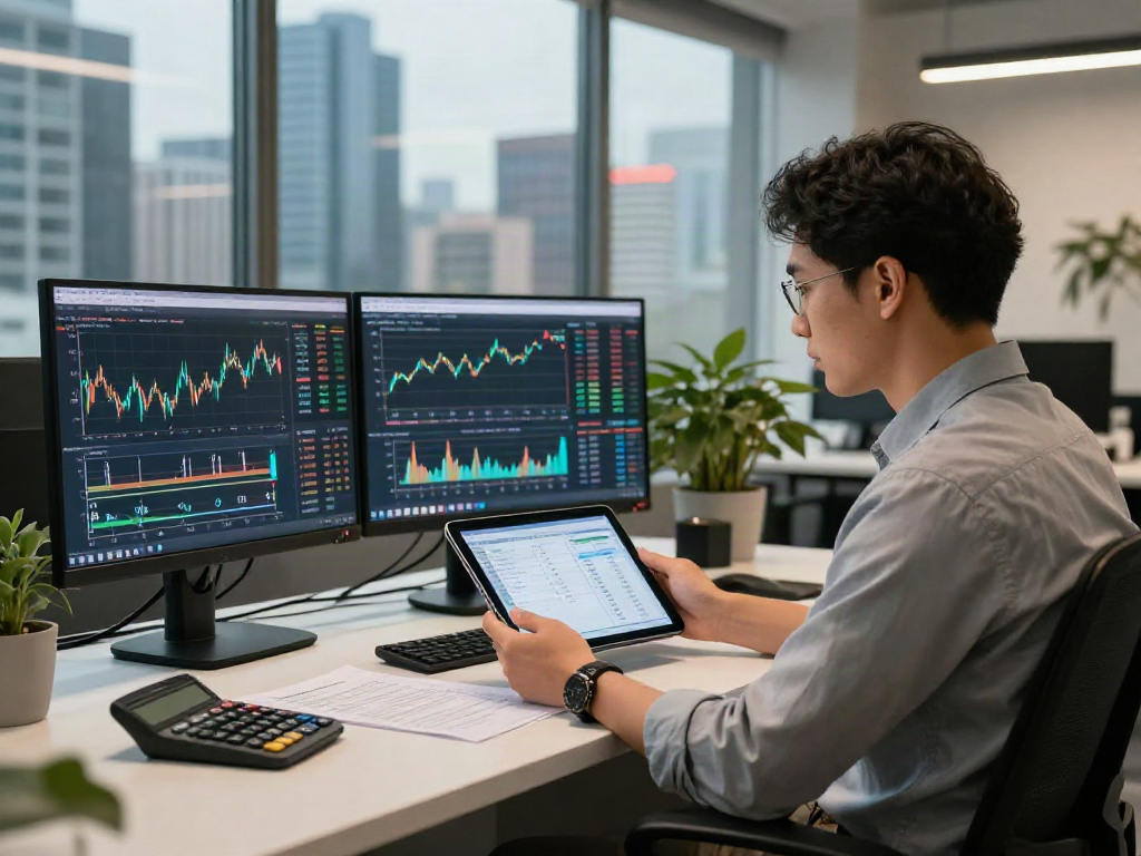 Financial analyst reviewing data and projections at https://www.mpocash.net/ with modern office setup.
