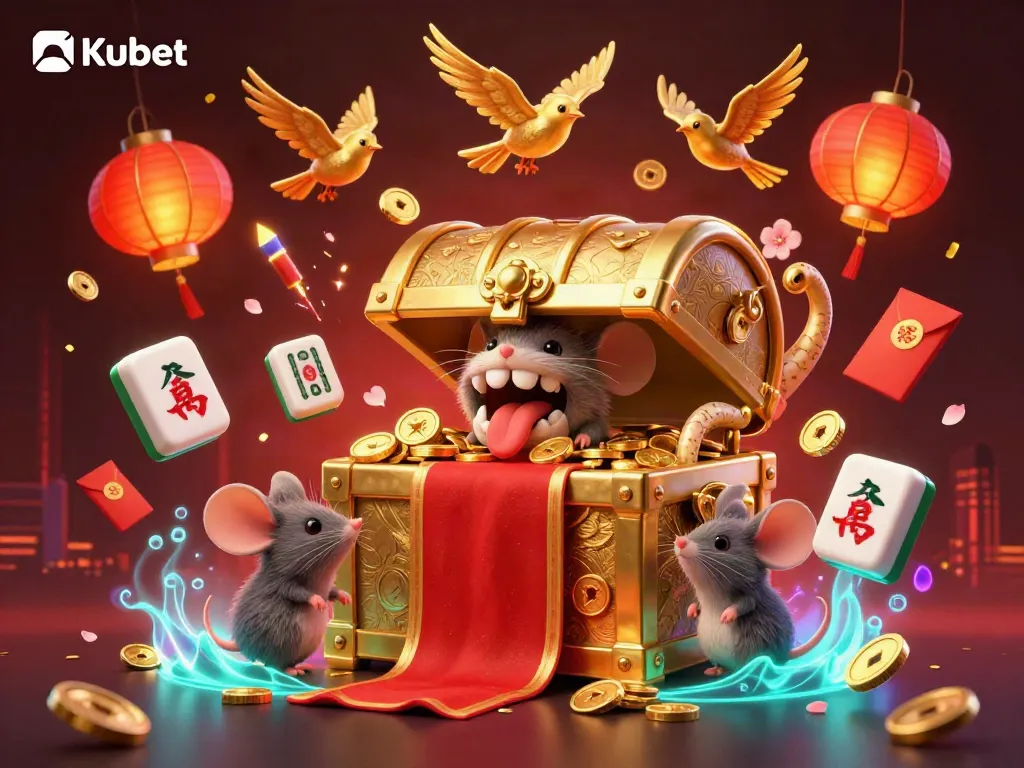 Kubet's captivating casino world showcasing a treasure chest with cartoon mice, surrounded by golden mahjong tiles and festive elements.