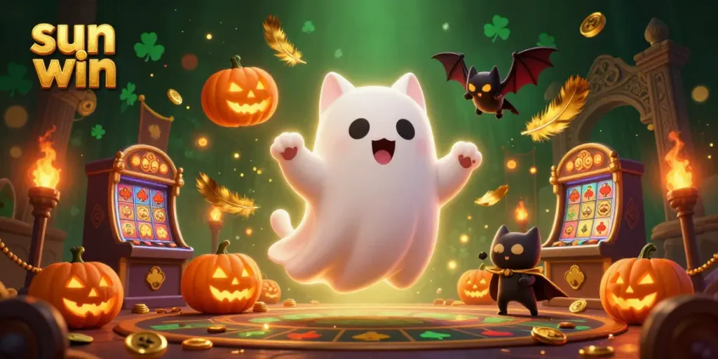 Experience thrilling gaming with sun win as a ghost cat haunts a vibrant casino.