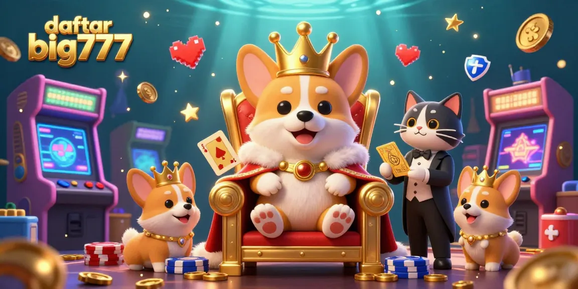 Engage with daftar big777 as a royal corgi rules from a throne, presenting a vibrant gaming casino scene.