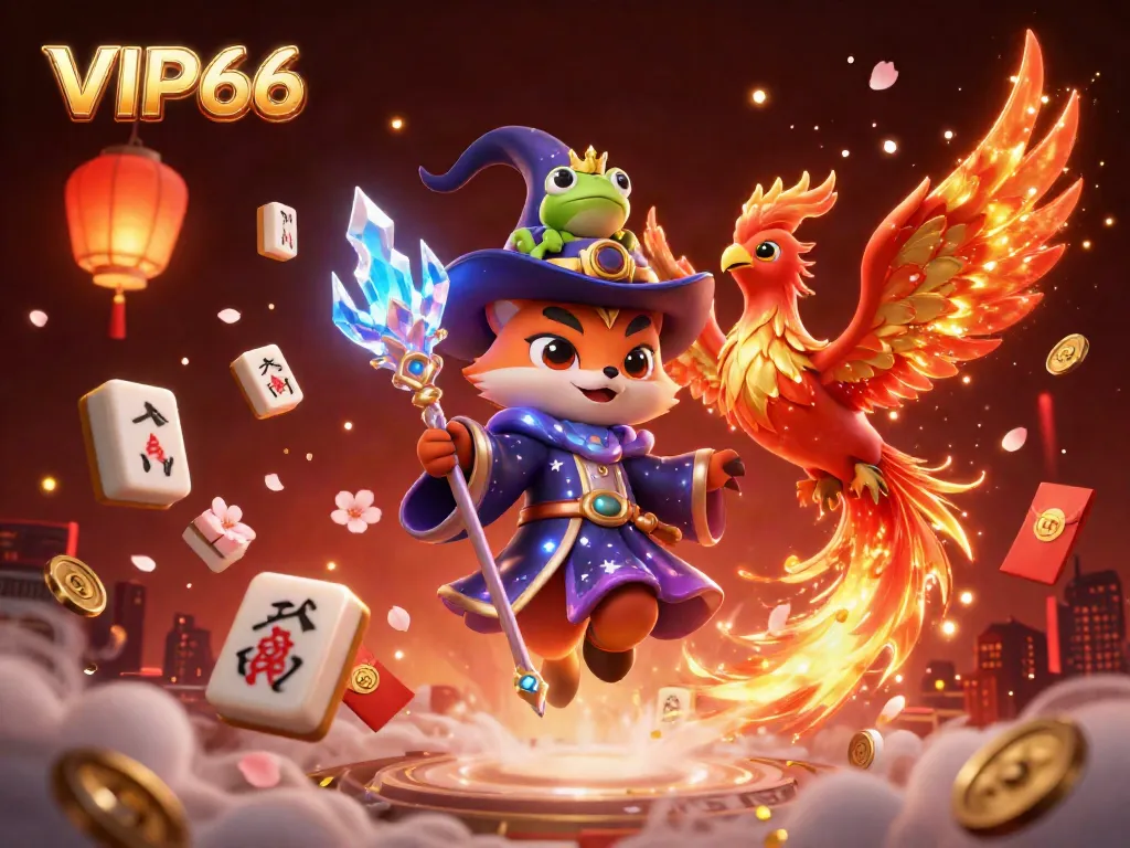 Experience the magic of VIP66 with a wizard fox, phoenix, and enchanted elements in this vibrant casino illustration.