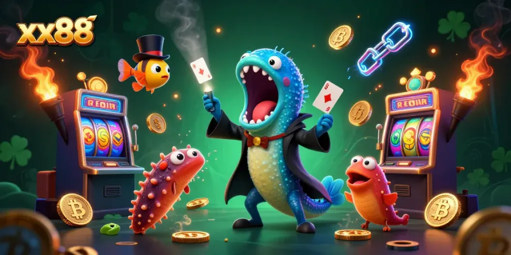 Experience the thrills of xx88 with a fantasy casino scene featuring magical creatures and crypto elements.