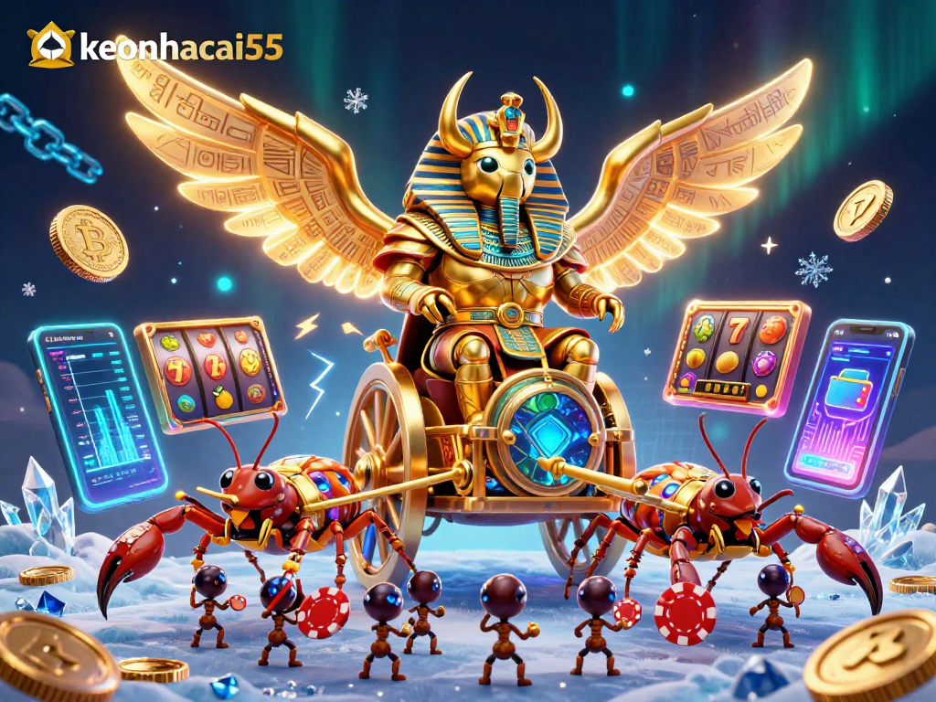 Engage with keonhacai55's bustling casino scene featuring a golden scarab beetle, scorpions, and vibrant slot elements.