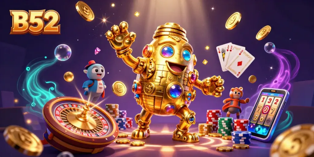 B52 gaming scene with golden golem, coins, and roulette wheel, highlighting casino excitement