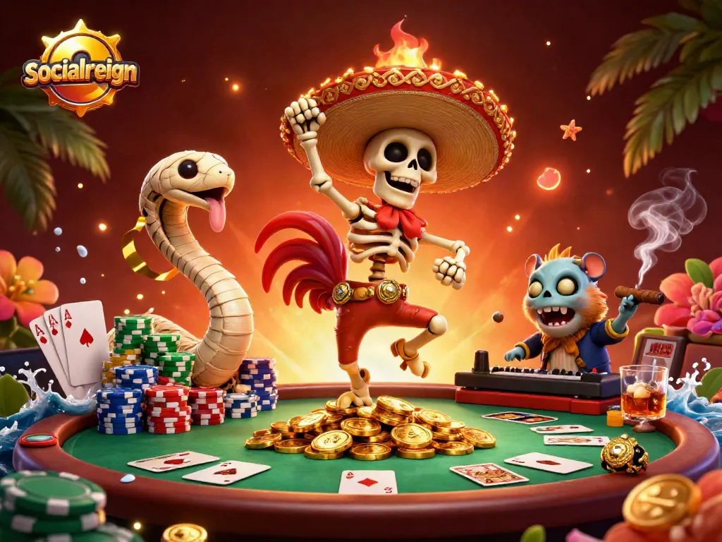 Enjoy thrilling poker fun with socialreign's vibrant casino illustration featuring dynamic characters.