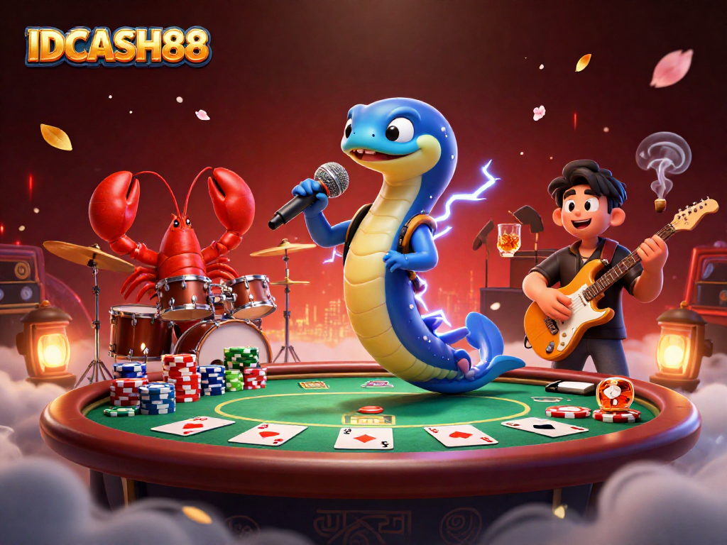 Engage with IDCASH88's electrifying casino experience featuring a DJ eel and poker antics.