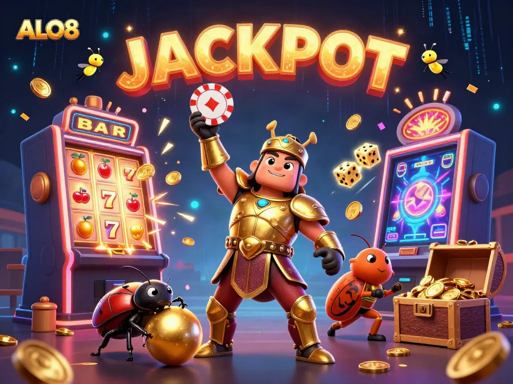 Enjoy the excitement of ALO8 with a victorious beetle character amidst a vibrant casino scene illustrating winning moments.