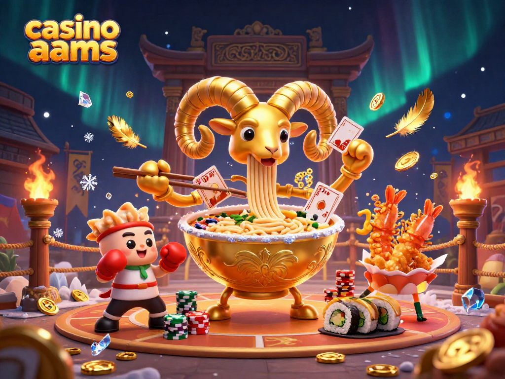 Giocatori nel casino non AAMS interagiscono con un imponente ramen d'oro e carte volanti.