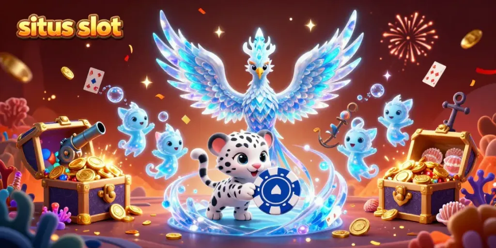 Experience excitement with the situs slot as the ice phoenix and snow leopard cub interact in a vibrant casino scene.