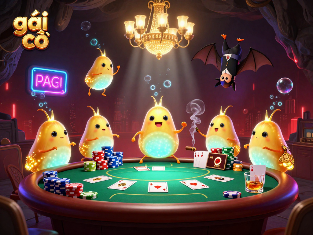 Experience the thrill of gambling with gái gọi in a lively casino scene enhanced by bioluminescent glowworms.