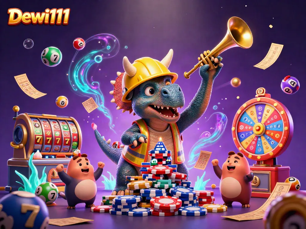 Menyambut kemenangan dengan Dewi111, triceratops membangun piramida chip poker dalam ilustrasi slot yang meriah.