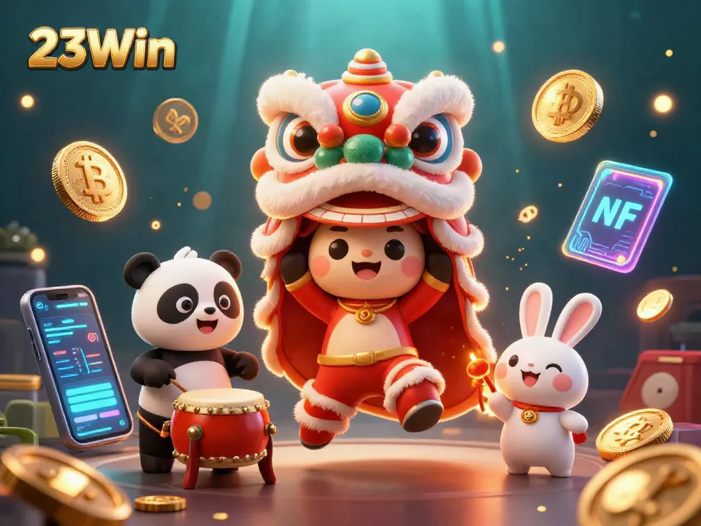 Experience thrilling gaming at 23Win with vibrant lion dance and crypto elements.