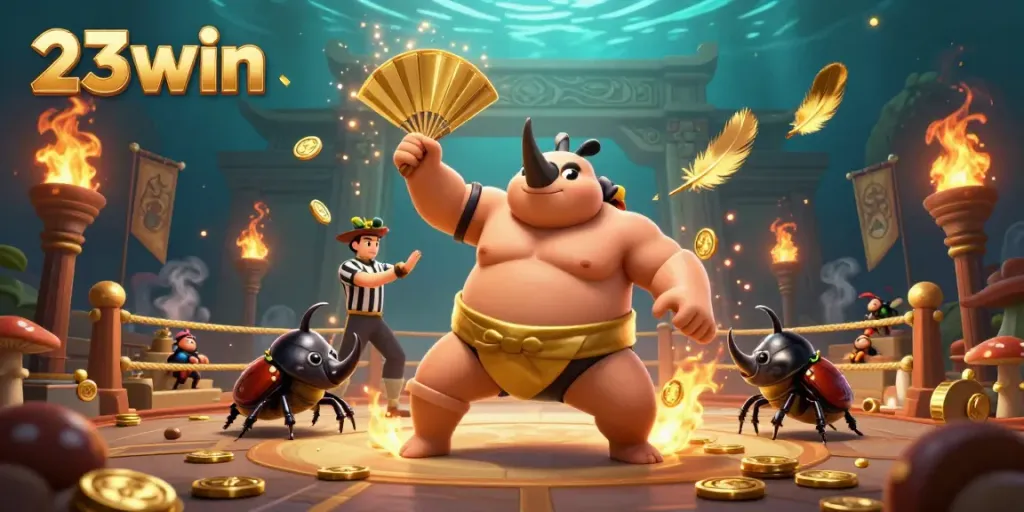 Experience thrilling moments at 23win with a dynamic casino battle scene, featuring a sumo beetle champion.