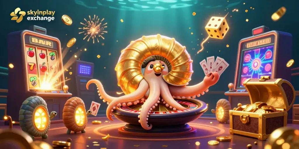 Experience exciting gameplay at skyinplay exchange with a vibrant 3D casino scene featuring a giant nautilus-shaped roulette wheel.