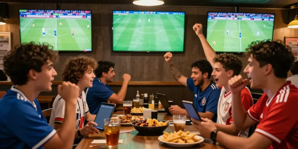 Excited football fans checking live scores on https://rbtv.io/ in lively sports bar.