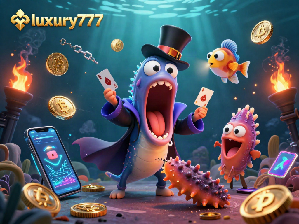 Gulper eel melakukan trik kartu di luxury777, dikelilingi koin Bitcoin dan Ethereum
