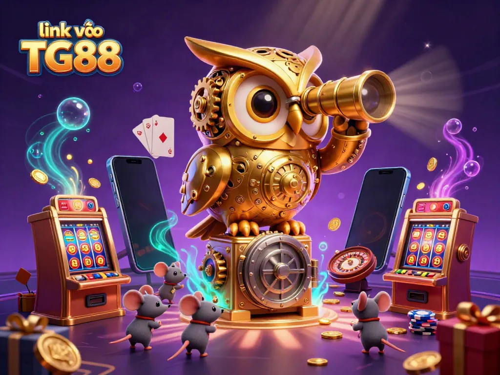 Join the excitement with link vào TG88, featuring a stunning 3D scene of gaming action with vibrant slot machines and a winning atmosphere.