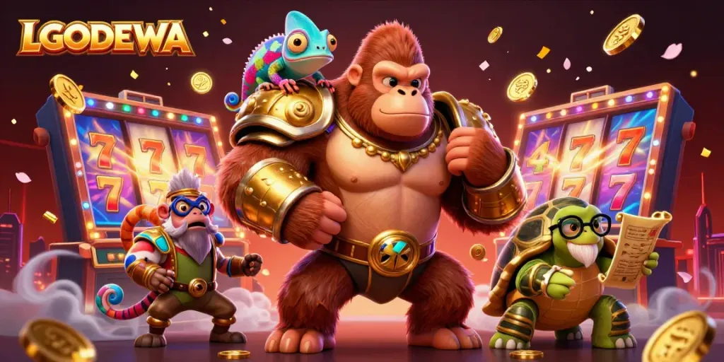 Experience the thrill of LGODEWA with a gorilla king surrounded by exciting slot elements in a vibrant scene.