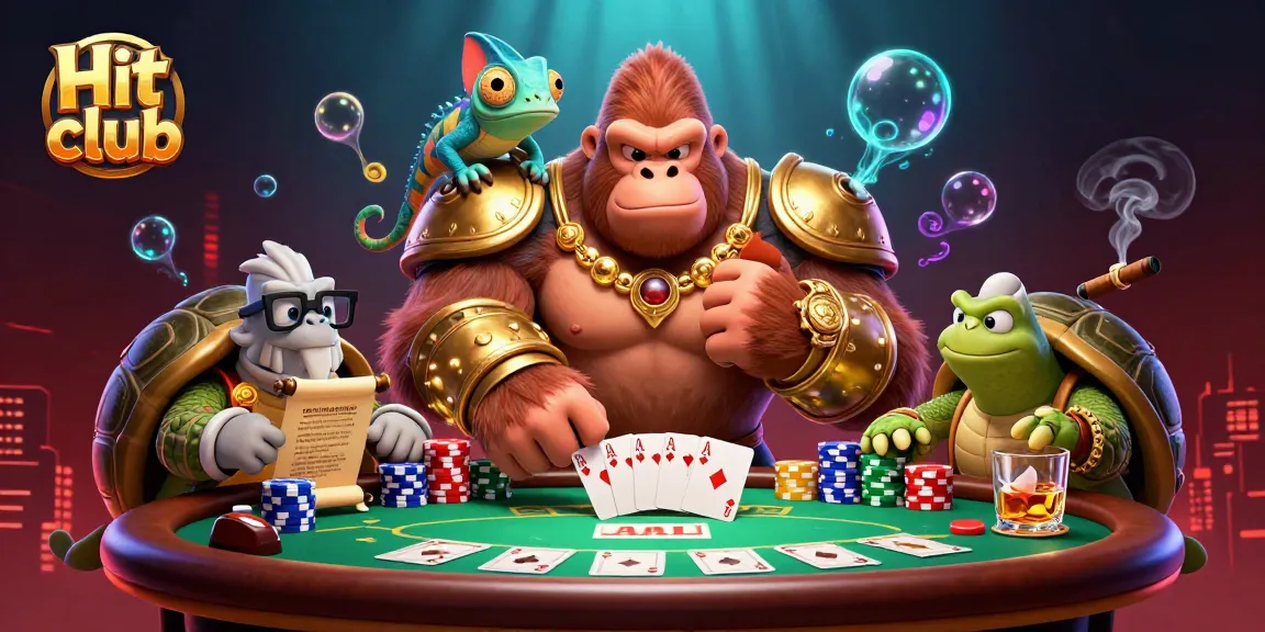 Engage in thrilling poker action with the Hit club, featuring animated characters and vibrant casino elements.
