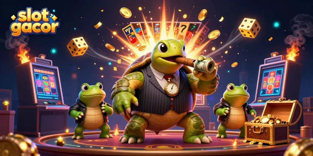 Menangkan slot gacor dengan karakter kartun unik mengelilingi mesin slot yang penuh dengan koin emas.
