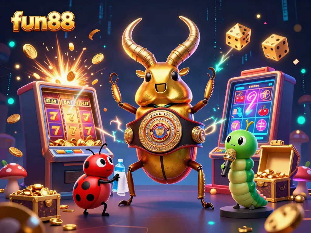 Experience the excitement of fun88 with a vibrant 3D scene depicting a golden stag beetle champion amidst casino games and colorful elements.