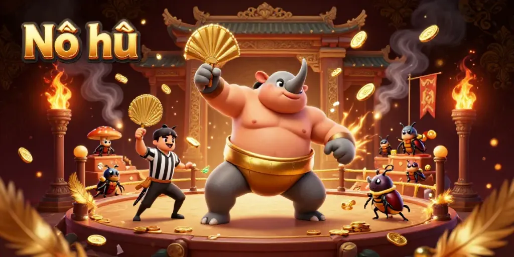 Nổ hũ themed illustration showcasing a sumo beetle champion, referee, and dynamic casino elements.
