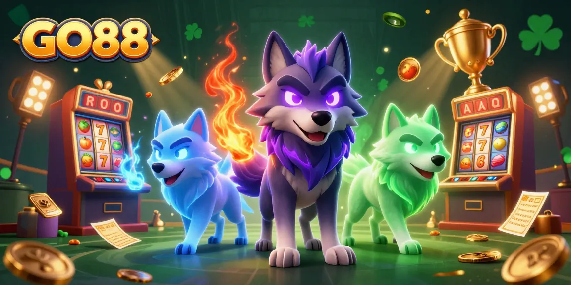 Immerse in gaming excitement with GO88's dynamic slots and wolf spirits in a vibrant casino world.