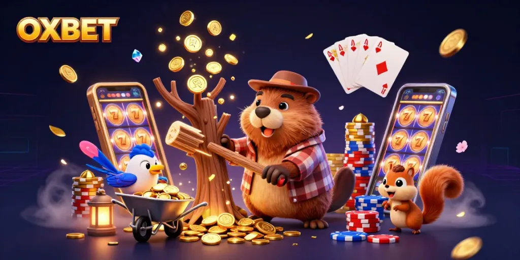 Collect coins with OXBET in this vibrant casino-themed illustration featuring lucky slots, poker chips, and gold.