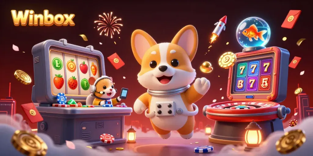Winbox showcases a vibrant casino scene with an astronaut corgi and festive gaming elements.