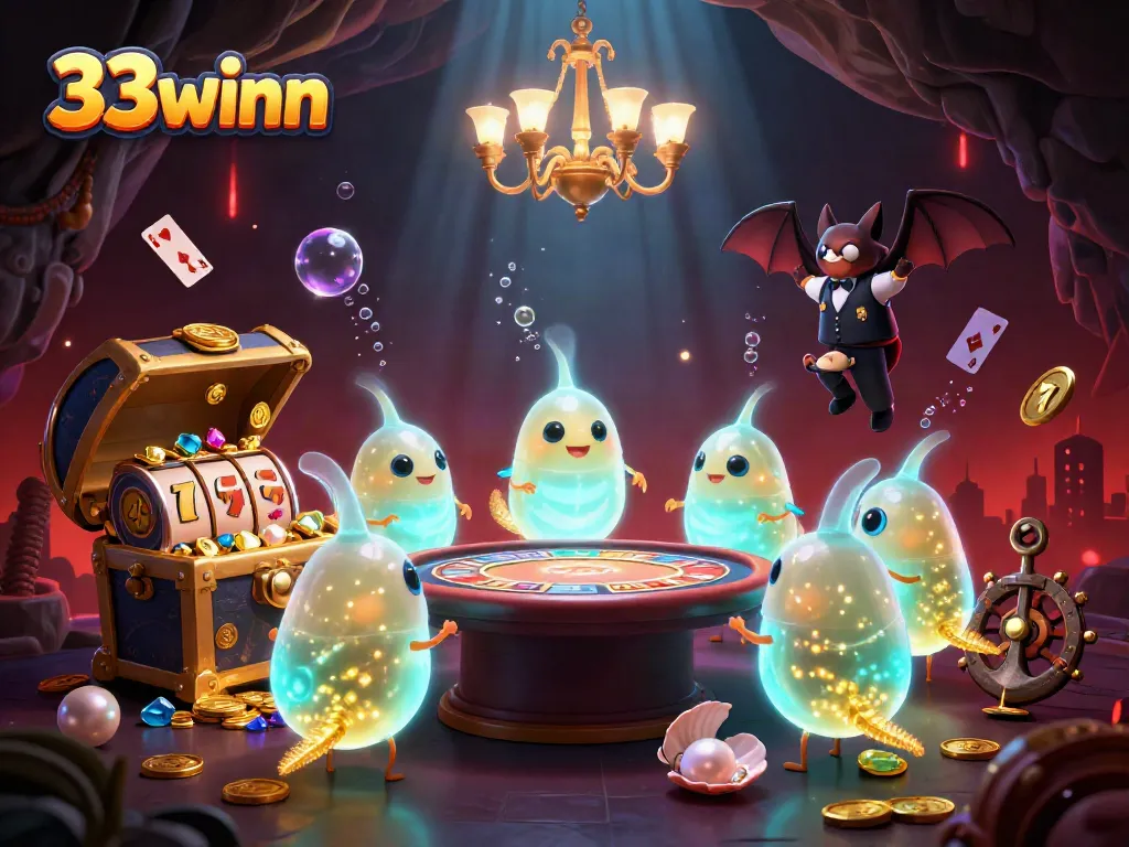 33winn casino scene with glowworms lighting a vibrant underwater world filled with slot reels and treasure.