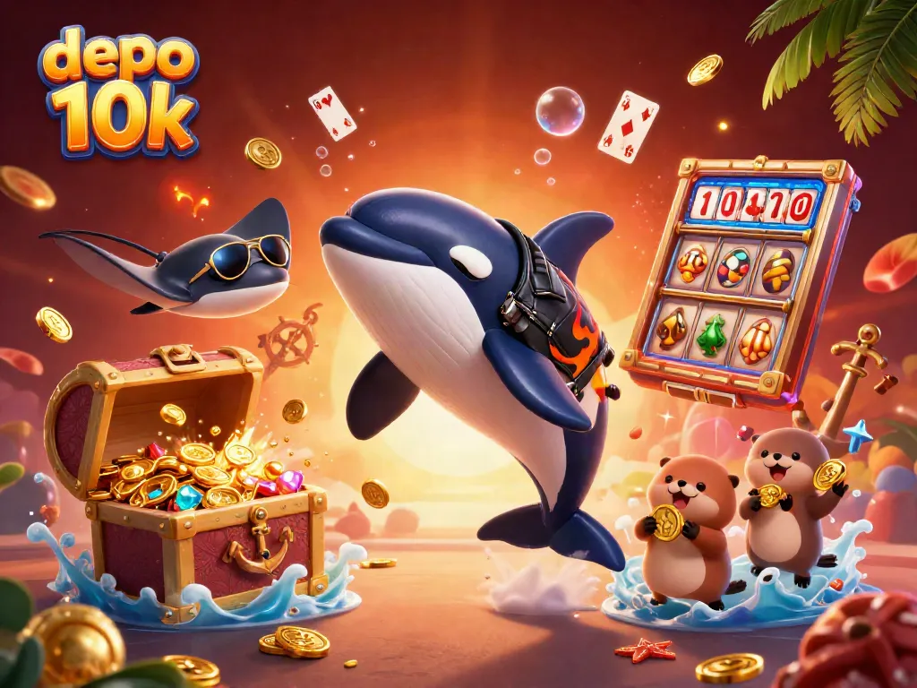 Experience the excitement of depo 10k with a dynamic 3D scene featuring thrilling slot reels and marine characters.