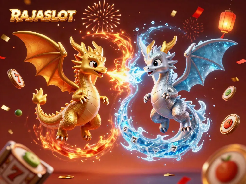 Permainan slot seru di RAJASLOT dengan naga 3D berwarna emas dan perak yang bersaing.