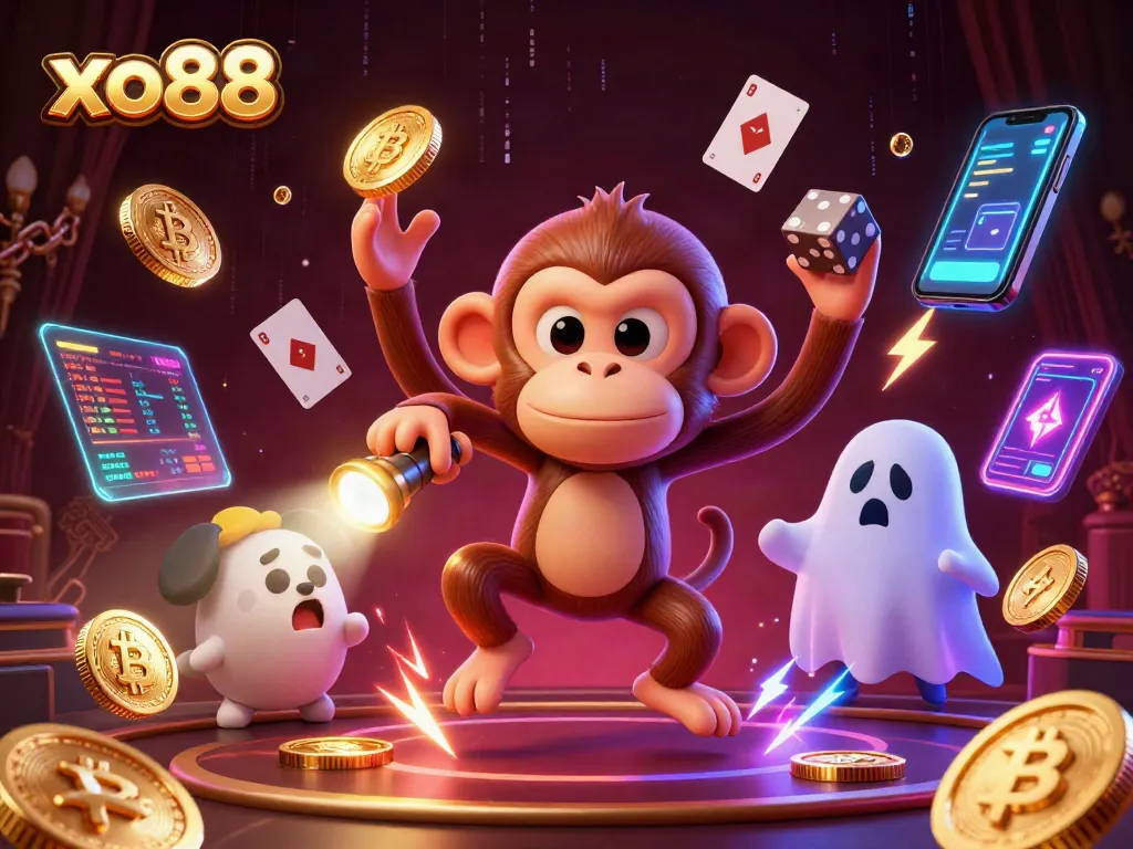Engage with thrilling gambling action at xo88, featuring a playful poltergeist monkey in a haunted casino atmosphere.