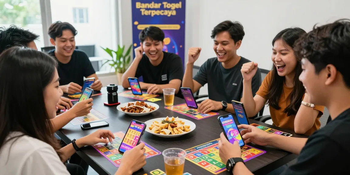 Teman-teman bersenang-senang bermain bandar togel terpercaya di dalam ruangan, menunjukkan aplikasi Alexistogel di smartphone mereka.