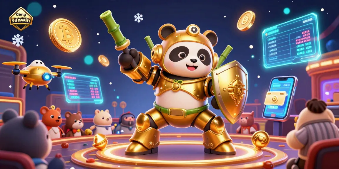 Engage with Cổng game sunwin in a vibrant casino setting featuring a mech-suit panda and glowing crypto elements.